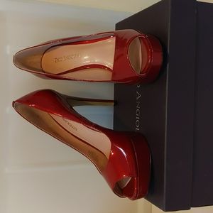 Worn once! In BOX Enzo Angiolini 8.5 M Patent Red 5 inch heels peep toe